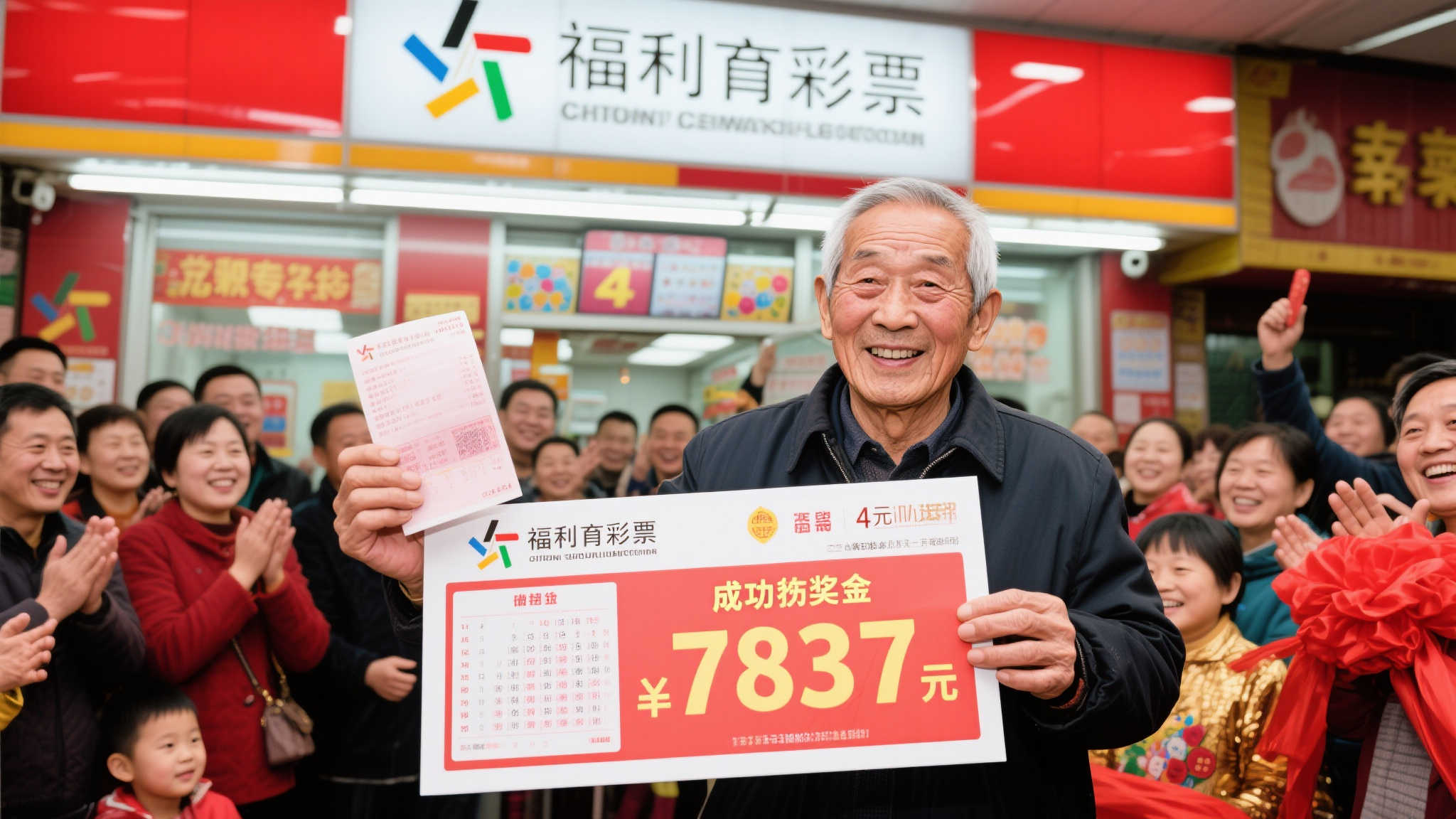 老彩民4元机选喜中783万福彩大奖，彩友齐聚中奖站点庆贺